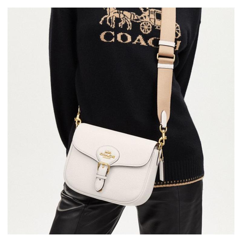 Coach Amelia 23 Logo Gold Hardware Calf Leather Saddle Bag Shoulder Crossbody Medium Women's White