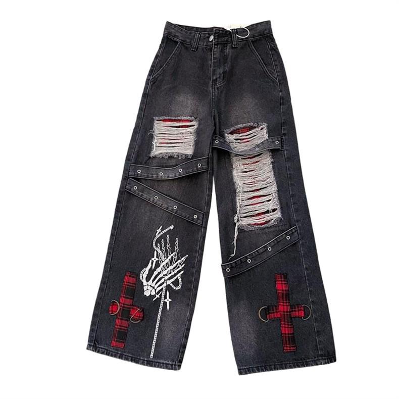 Jeans Punk de Talla Grande con Rotos de Pierna Ancha Estilo Retro para Mujer
