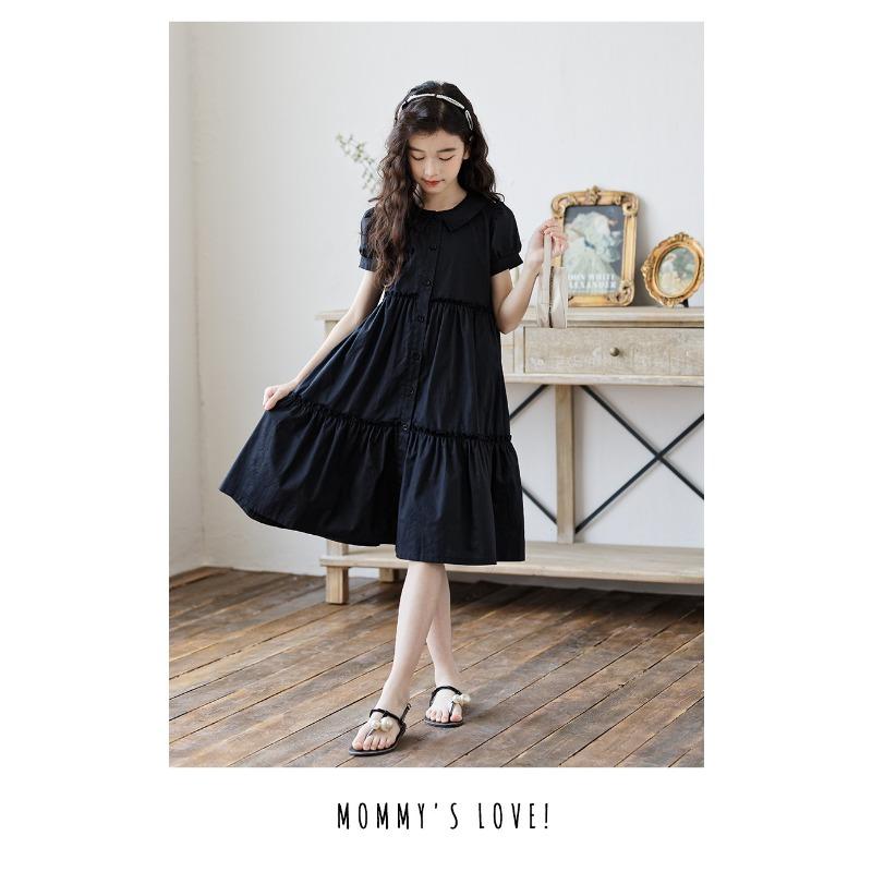 Korean Style Stitched Patchwork Shirt Collar Short Sleeve Big Girls Long Kids Dress