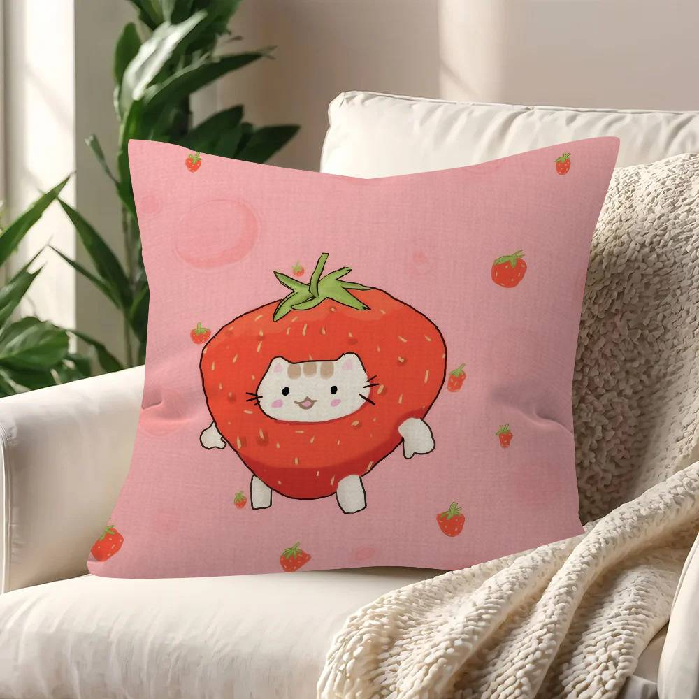 Cute Strawberry Cat  Pillow Cushion Cover Pillowcase Living Room Sofa Home Decor Customized