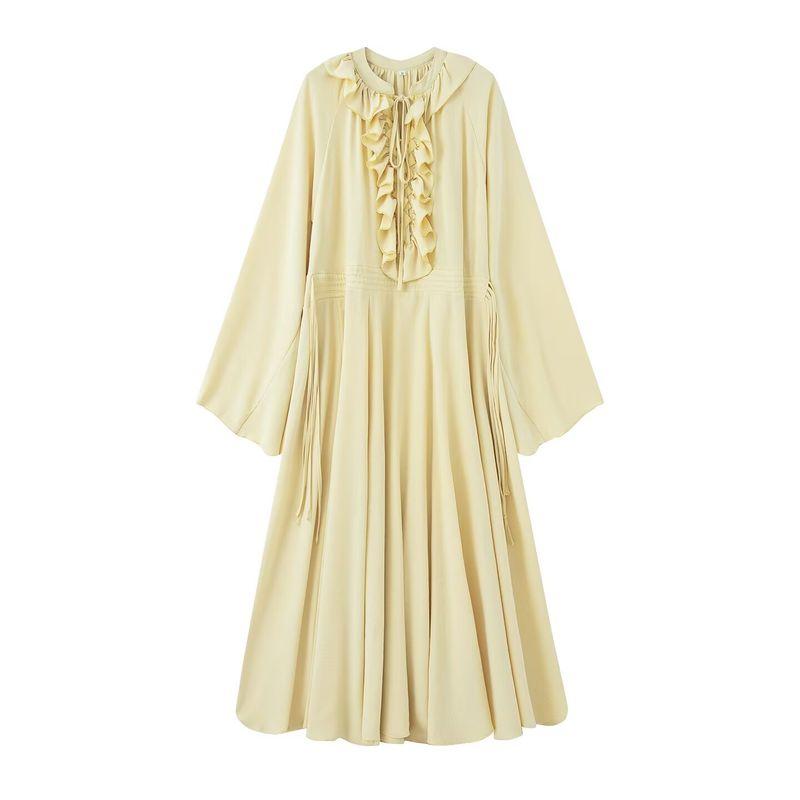 

Kaslead New Women clothes Western Style Fashion French style Wave Style Wear Lace-up Long sleeve Loose Long dress Yellow L