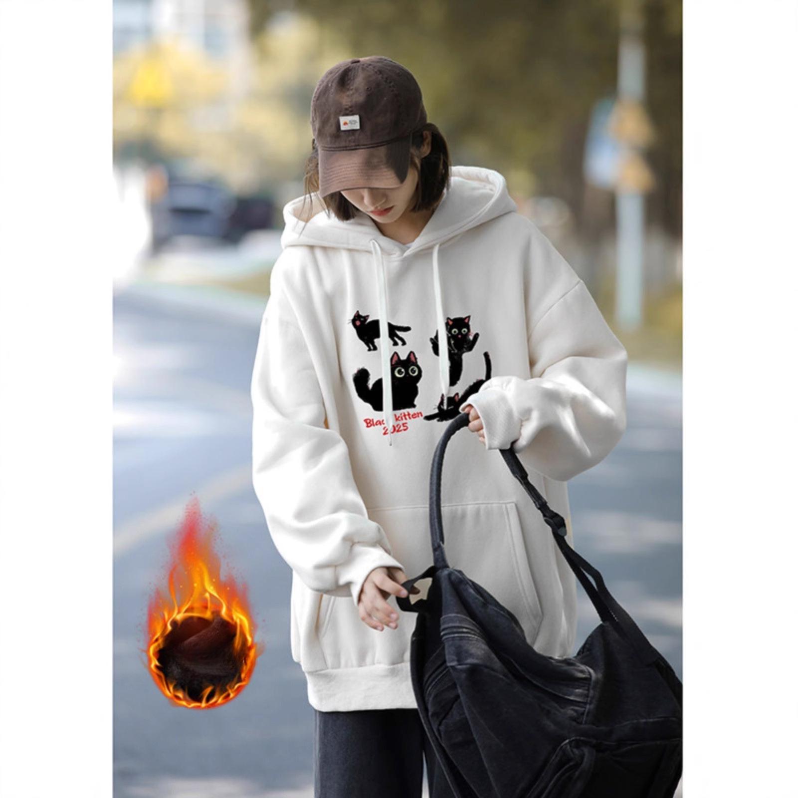 

American Retro Sweater Men s and Women s Autumn and Winter Fleece Thickened Large Size Loose Hooded Jacket M