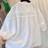 Haut Babydoll Blanc en Coton avec Inserts en Dentelle pour Femme Grande Taille, Col Rond, Manches Sept-Quarts, Été 2025