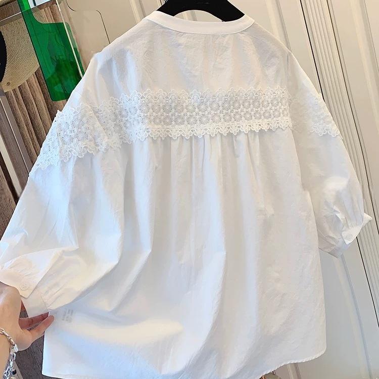 Haut Babydoll Blanc en Coton avec Inserts en Dentelle pour Femme Grande Taille, Col Rond, Manches Sept-Quarts, Été 2025