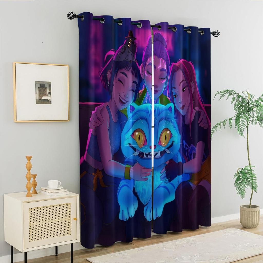 2Pcs K-Pop Demon Hunters Hot Anime Girl Team Printed Blackout Curtains Perfect For Bedroom Living Room Fashion Decorative
