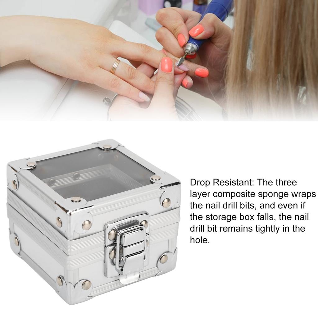 Nail Drill Bits Storage Box 25 Holes Transparent Clamshell Lock Design Dustproof Nail Drill Bits Desktop Container