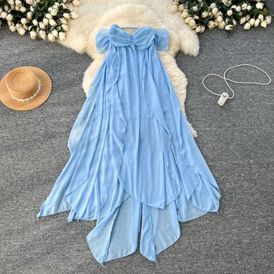 Sommer Frauen Sexy Trägerlosen Open Back Lange Maxi Rüschen Chiffon Unregelmäßig Meer Strand Kleider