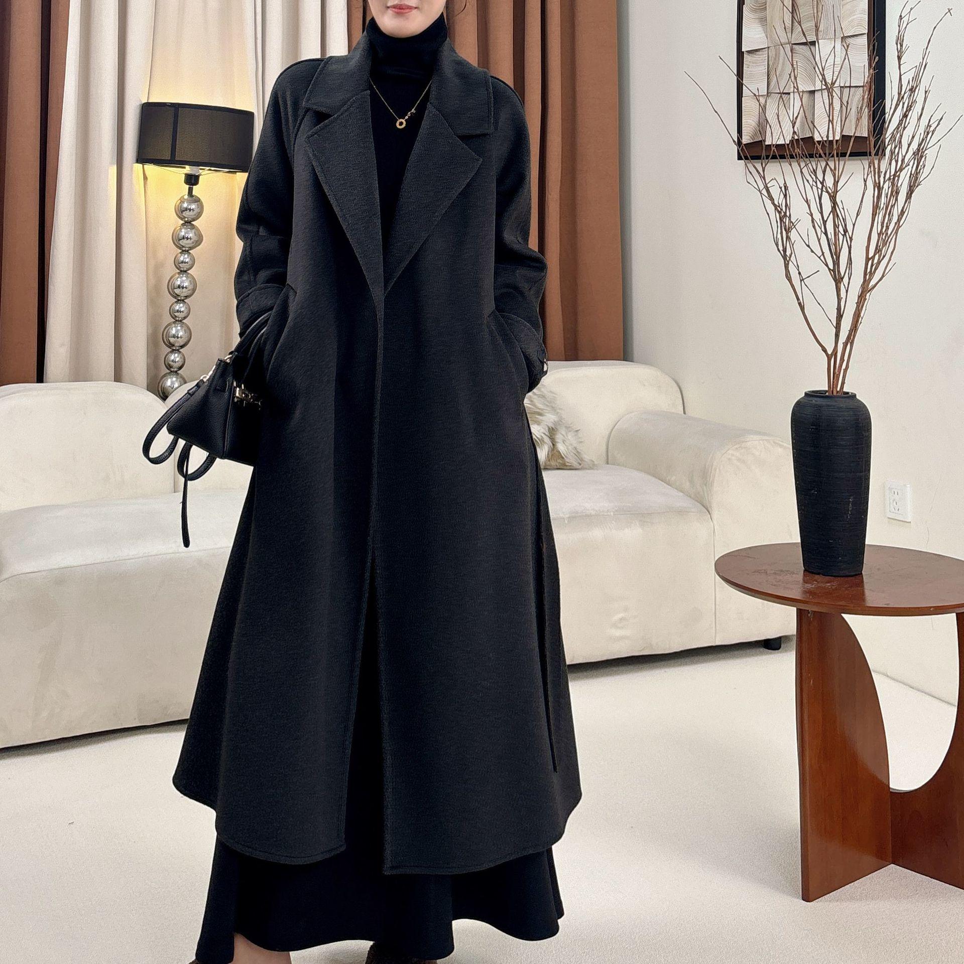 

Women s Trendy Black Wool Lapel Coat - Double-Sided for Autumn and Winter XS [45-55kg] 106