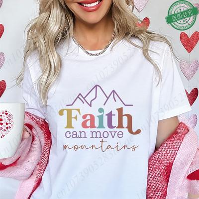 Christian Women's T-Shirt 'Faith Can Move Mountains', Retro Color Block Mountain Graphic Tees Summer Short Sleeve O Neck Tops