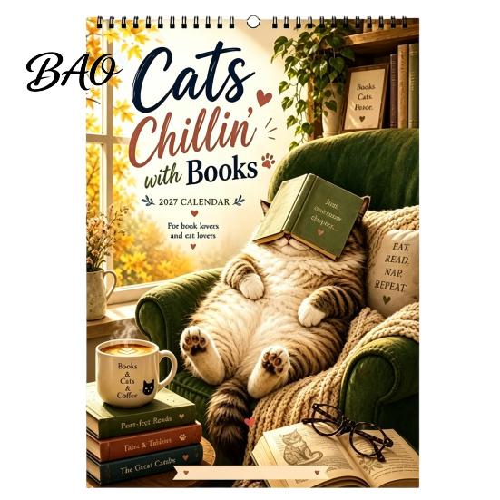 Decorative Wall Decor Cats Chillin' with Book 2027 Calendar, 12 Month Monthly Planner, Thick Small Space Calendar Paper Daily Planning for Home Office