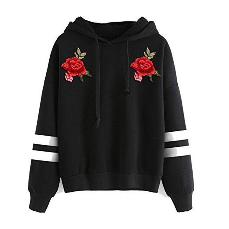 Women Rose Embroidery Hooded Pullover Long Sleeves Loose Sweatshirt