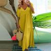 Summer Women Loose Short Sleeve Swing Dress Solid Color Large Size V Neck Fashion Long