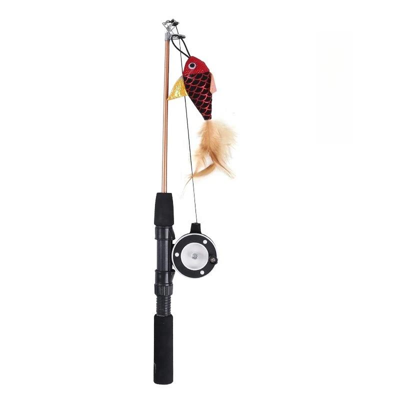 Retractable Cat Teaser Wand Interactive Fishing Rod Toy with Feather Fish Lure Durable Play Pole for Kittens Cats