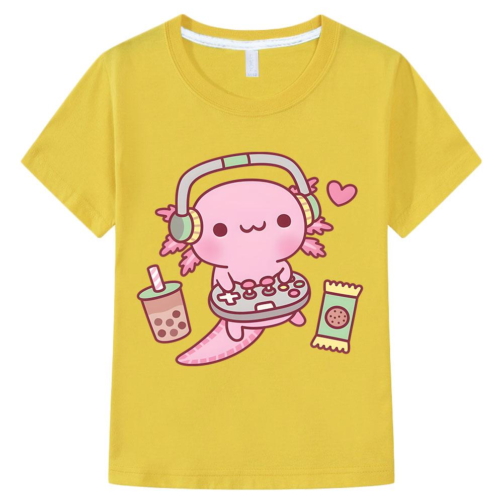 Summer Pink Axolotl Print Love T-Shirt Sports Short Sleeve Top Children's Holiday Gift Cute Style Top