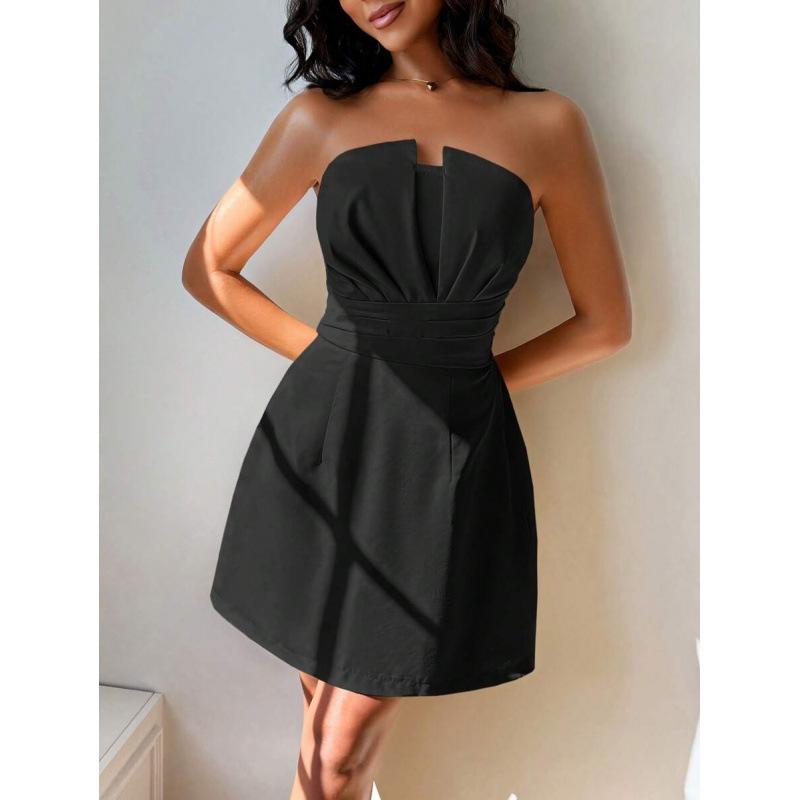 European Summer New Elegant Temperament Sexy Spice Girl Solid Color Pleated Design Tube Top Dress