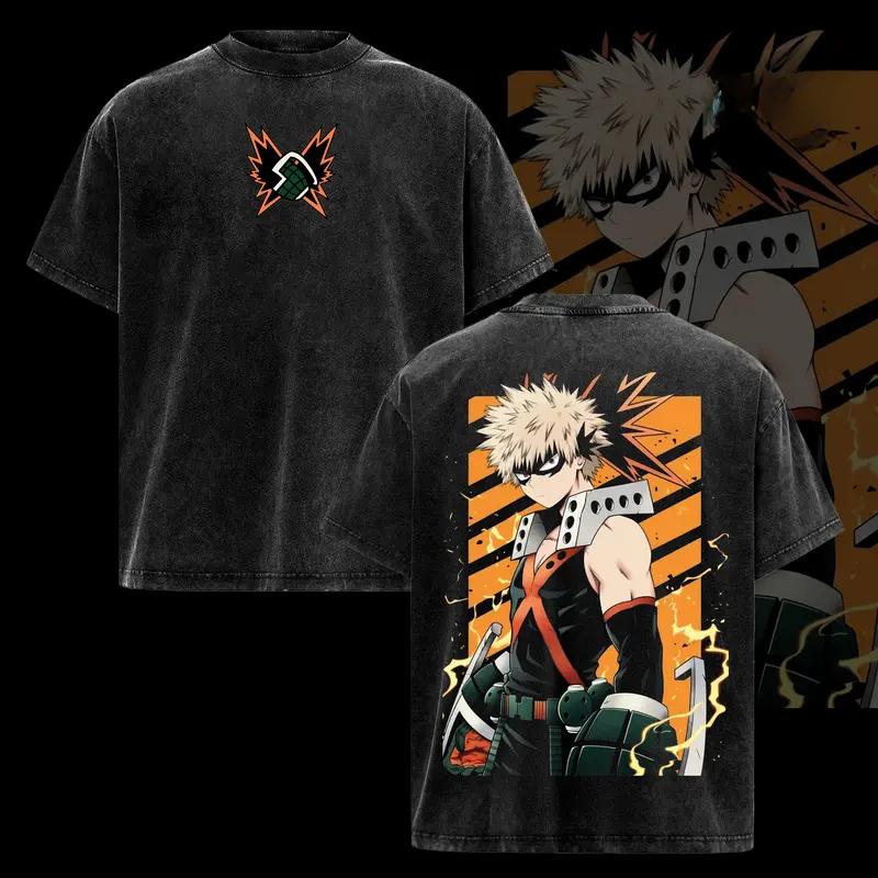 My Hero Academia Bakugou Katsuki Print Tee Men Women Retro Washed T-shirts Cotton T Shirt Oversized Clothing Harajuku Tshirt