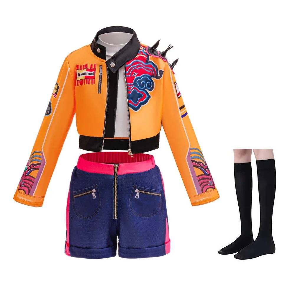 Ensemble 4 pièces Chasseur avec Manteau Brodé, Haut, Short et Chaussettes pour Chanteur Pop Diable Halloween Scène Carnaval Fille 027RU6 4t 110