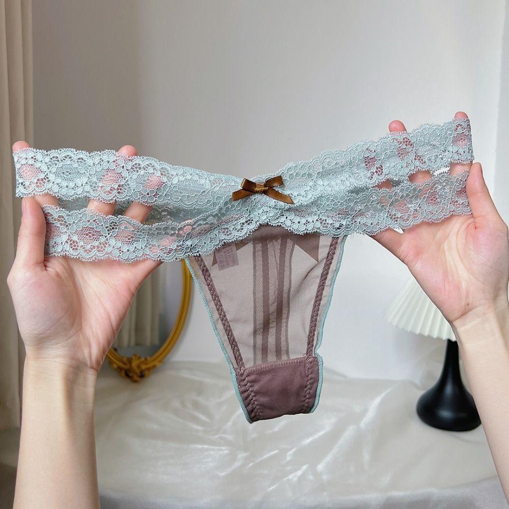 Low Waist Lace Strap Panties Bowknot See Through Briefs Color Blocking Underwear for Women Women