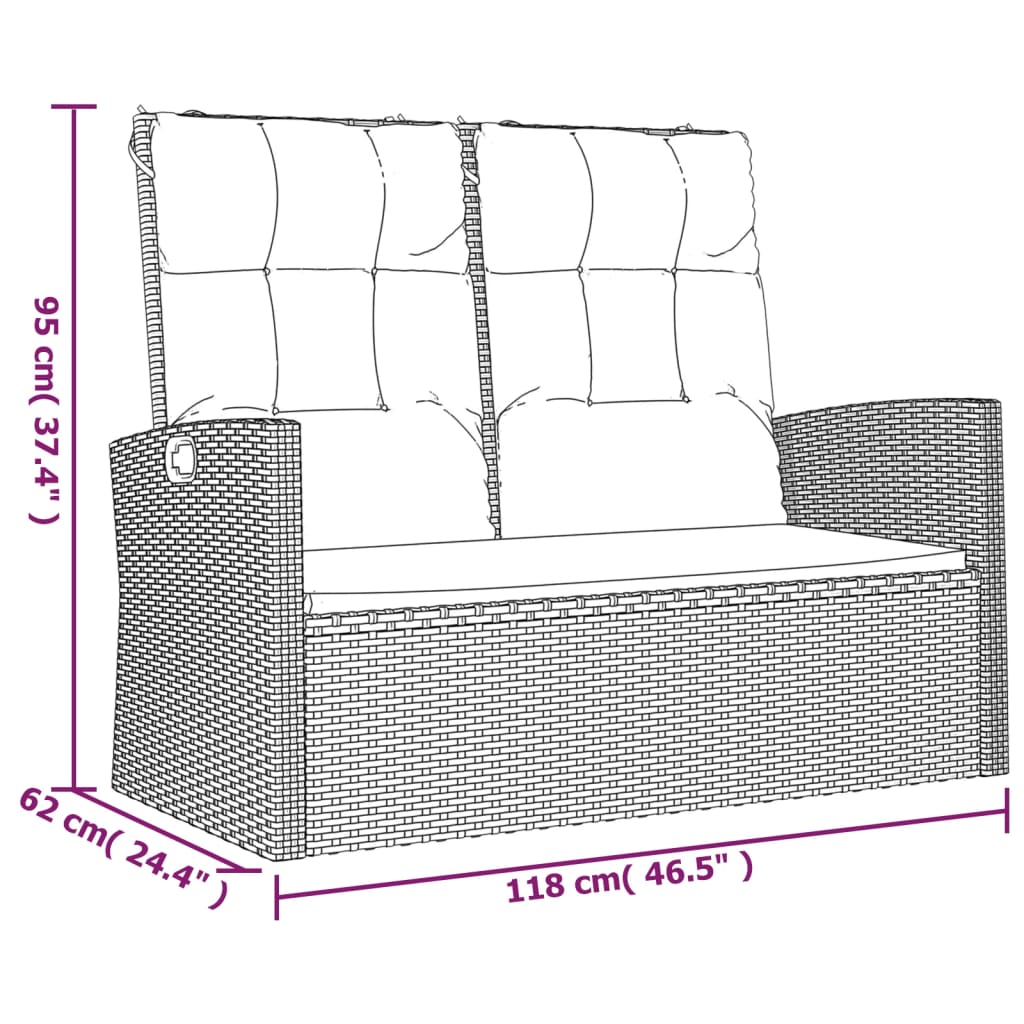 Garden Lounge Bench with Reclining Function & Cushions Gray 118 cm Poly Rattan