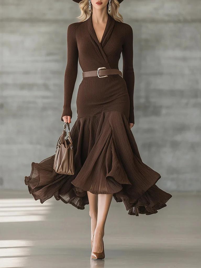 Women's Autumn New Solid Color Patchwork V-Neck Long Sleeve Dress Maxi Dress