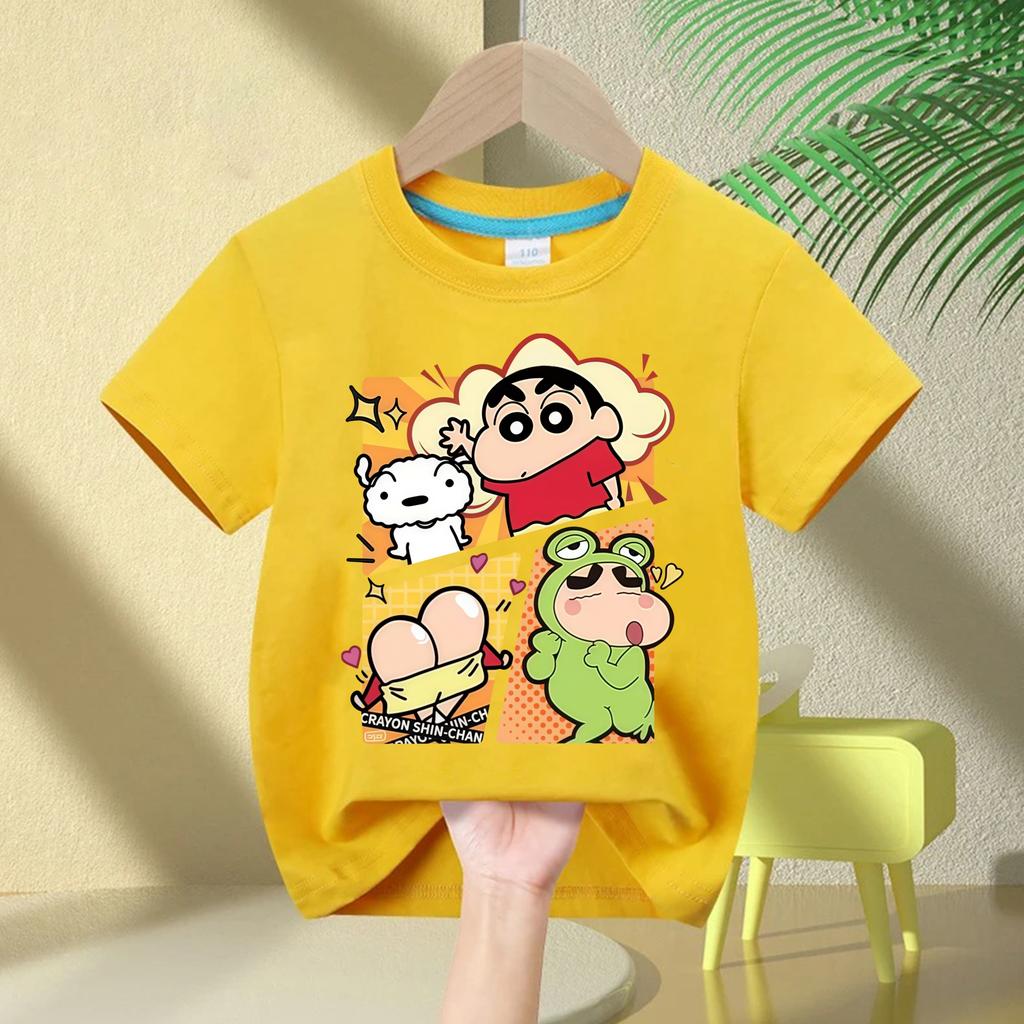 2026 New Summer Cotton Cartoon Crayon Shinchan Print TShirt Summer Fashion Casual Round Neck Cotton Childrens Top