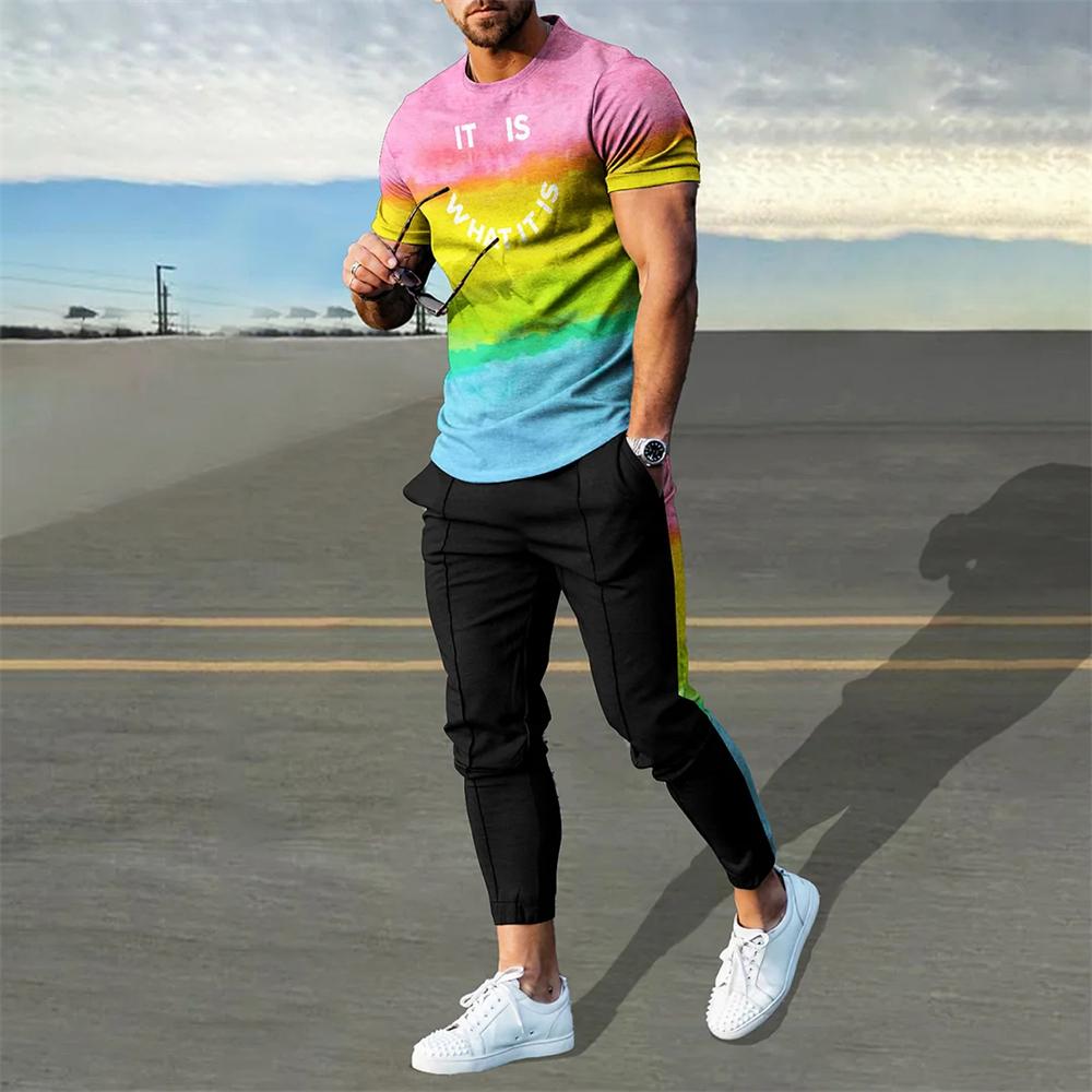 Men's Trousers Tracksuit 2 Piece Set Fashion Sportswear Summer Streetwear Short Sleeve T Shirt+Long Pants Male Clothing