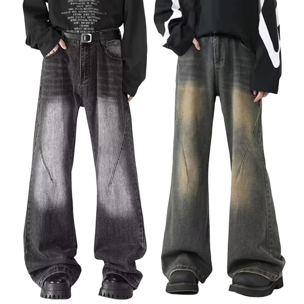 Herren Jeans Retro Gerade Bein Denim Hose mit Taschen Verwaschener Knopf Reißverschluss Hosenschlitz Farbverlauf Leicht ausgestellte Hose