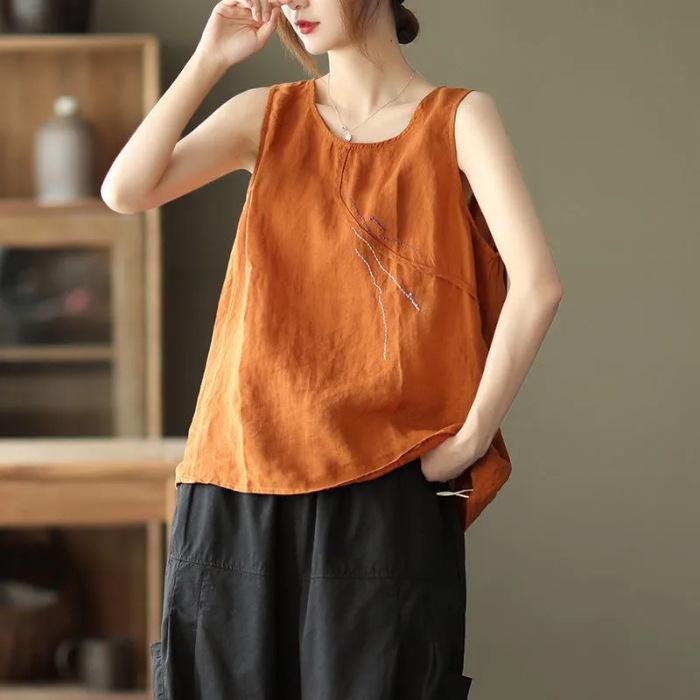 Women S Summer Cotton Linen Sleeveless Loose Embroidered Tank Top For Inner Outer Wear