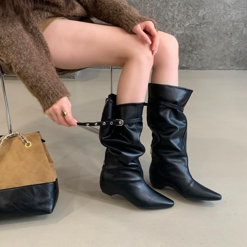 2025 autumn and winter new fashion versatile retro rear zipper boots pointed mid boots knight boots women
