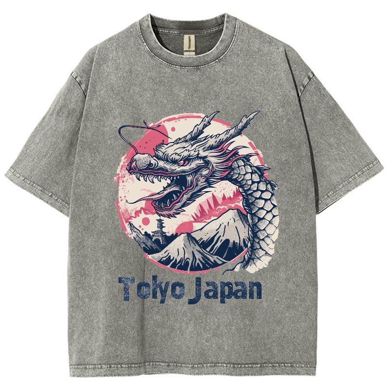 Japan Tokio Alphabet Drachen Print Damen Washed T-Shirt Baumwolle Locker Große Größe Unisex Halbarm Vintage Nische Top