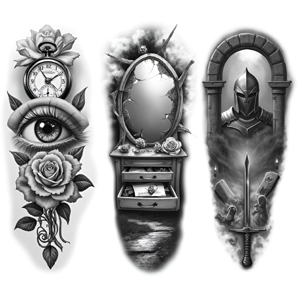 3pcs Temporary Tattoo Black And Grey Realism Buddha Statue And Temple Knight And Sword For Men Women Adults