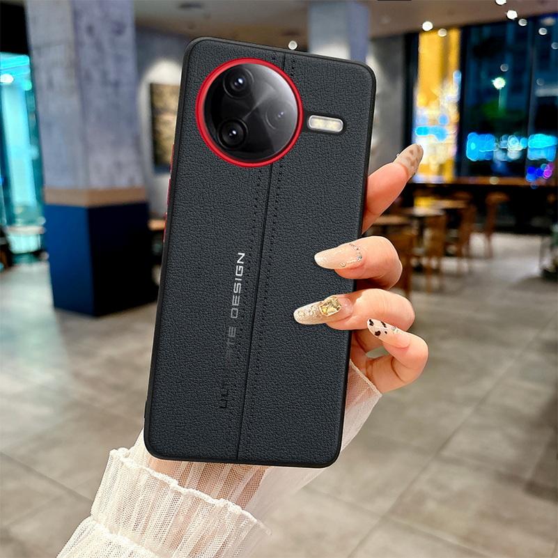 Plain Leather Middle Stitching Style Red Heightened Lens Ring Case For Poco F7 Ultra POCO F7 Pro Slim Protect Cover