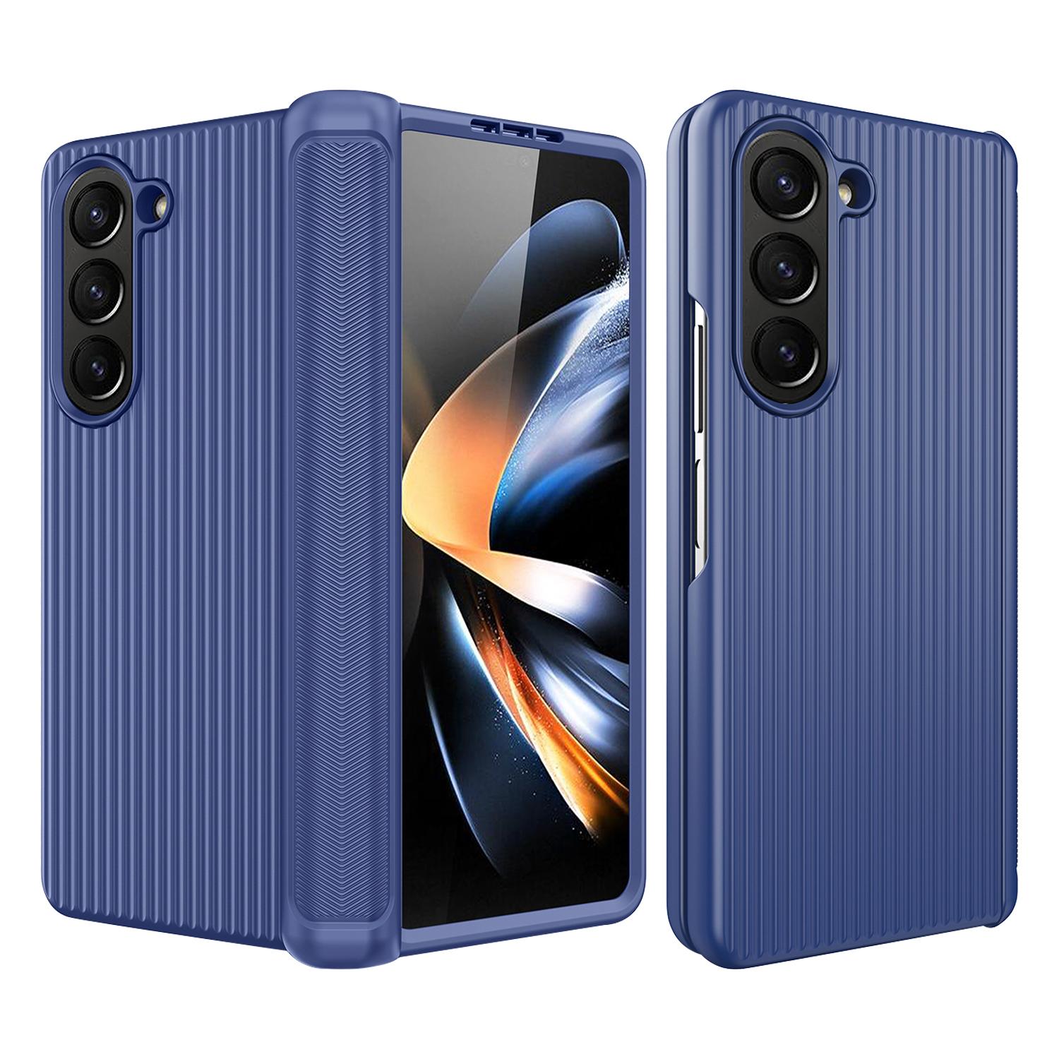 

GKK For Samsung Galaxy Z Fold5 5G Hard PC Phone Case Luggage Case Striped Design Kickstand Cover with Tempered Glass Film Blue