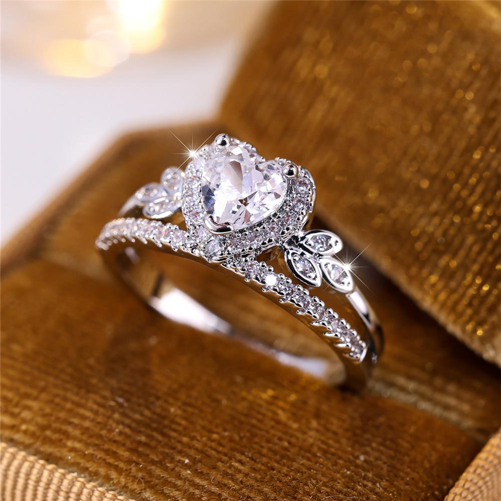 Luxury Female White Heart Tree Leaf Round Zircon Stone Ring Silver Color Dainty Gift Party Wedding Jewelry For Women