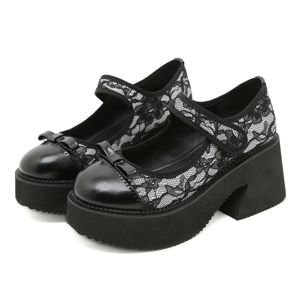

Gdgydh Туфли на платформе с каблуками для женщин, кружевные, цветочные, толстые, на толстом каблуке, туфли Мэри Джейн для школы, резиновая подошва, белые свадебные туфли 43 чёрный