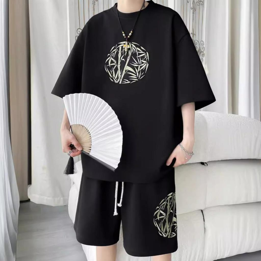 Chinese Style National Style Large Size Ice Silk Suit Men's Summer Loose Casual Sports Shorts Short-sleeved T-shirt Two-piece Suit