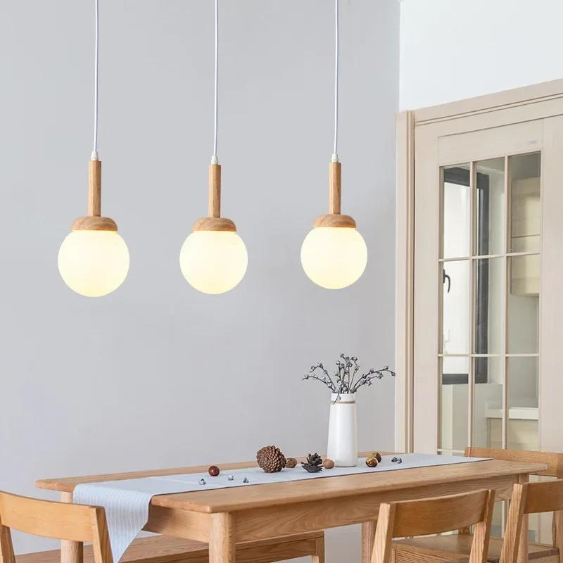 Nordic pendant lamp wood atmospheric Chinese three head dining room dining room modern simple bar personalized creative kitchen