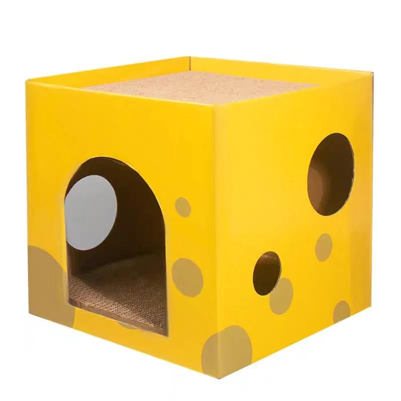 2-Layer Foldable Cardboard Cat House Fun Cheese Design Breathable Sturdy Scratching Post Cat Beds for Sleeping And Playing