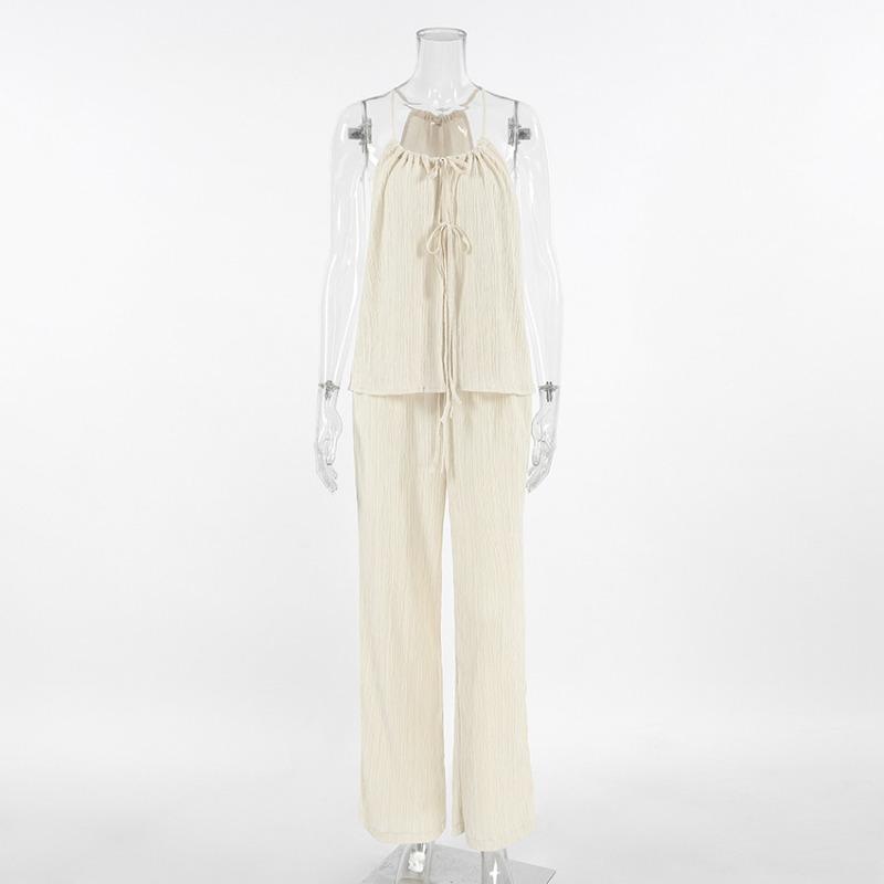 Retro Solid Color Round Neck Lace Up Sleeveless Top Sets Elegant High Waist Loose Wide Leg Pants Suit 2026 Summer Lady High Street Outfits