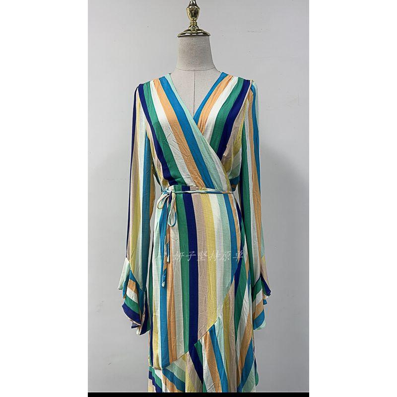 

Yanzi Export ~ One-Piece Bell Sleeve Asymmetrical Ruffles Travel Vacation V Neck Stylish Rayon Dress Female Color Stripes Dress L