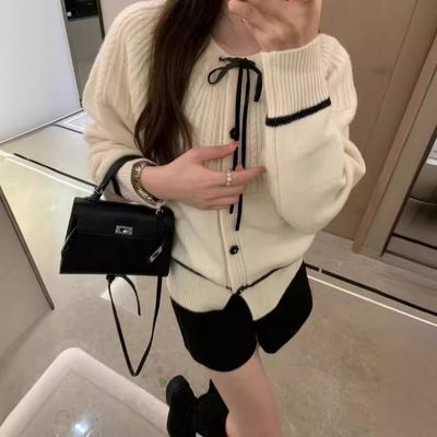 Autumn and Winter Design Sense Soft Waxy Lace-up Bow Casual Twist Versatile Knitted Cardigan Sweater Jacket