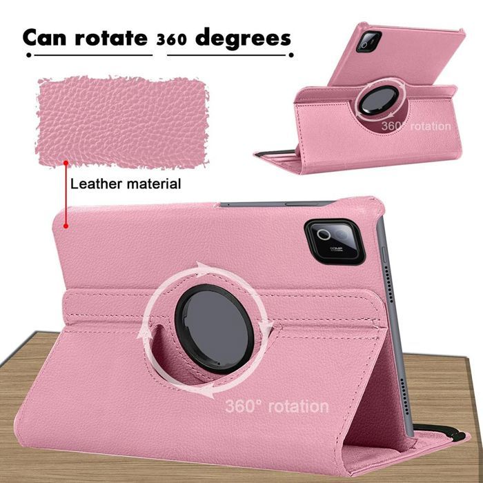 Coque pour Xiaomi Pad 7 / 7 Pro, Etui Rotatif 360° Multi-Angle Antichoc Effet Cuir Rose