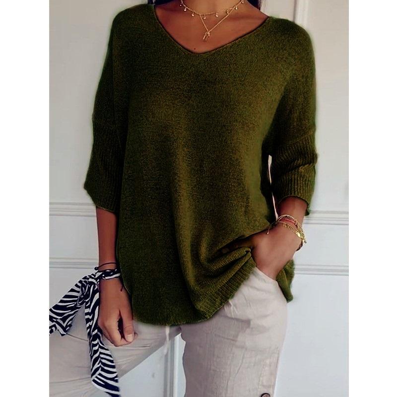 Women V Neck 3/4 Sleeve Loose Knit Top Solid Color Casual Lightweight Pullover Blouse