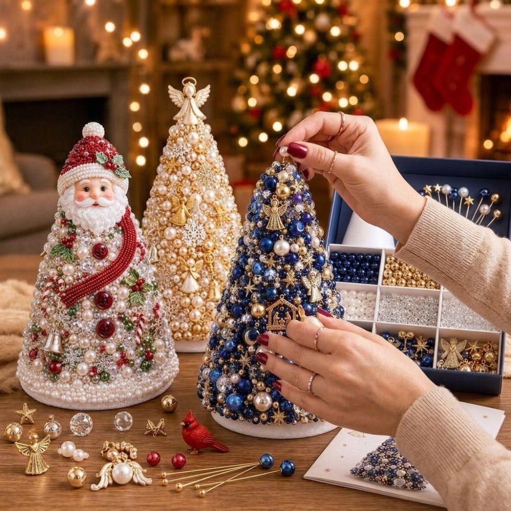Colorful Beads DIY Beaded Christmas Tree Kit Educational Handmade Tabletop Christmas Tree Set Star Topper Faux Pearl