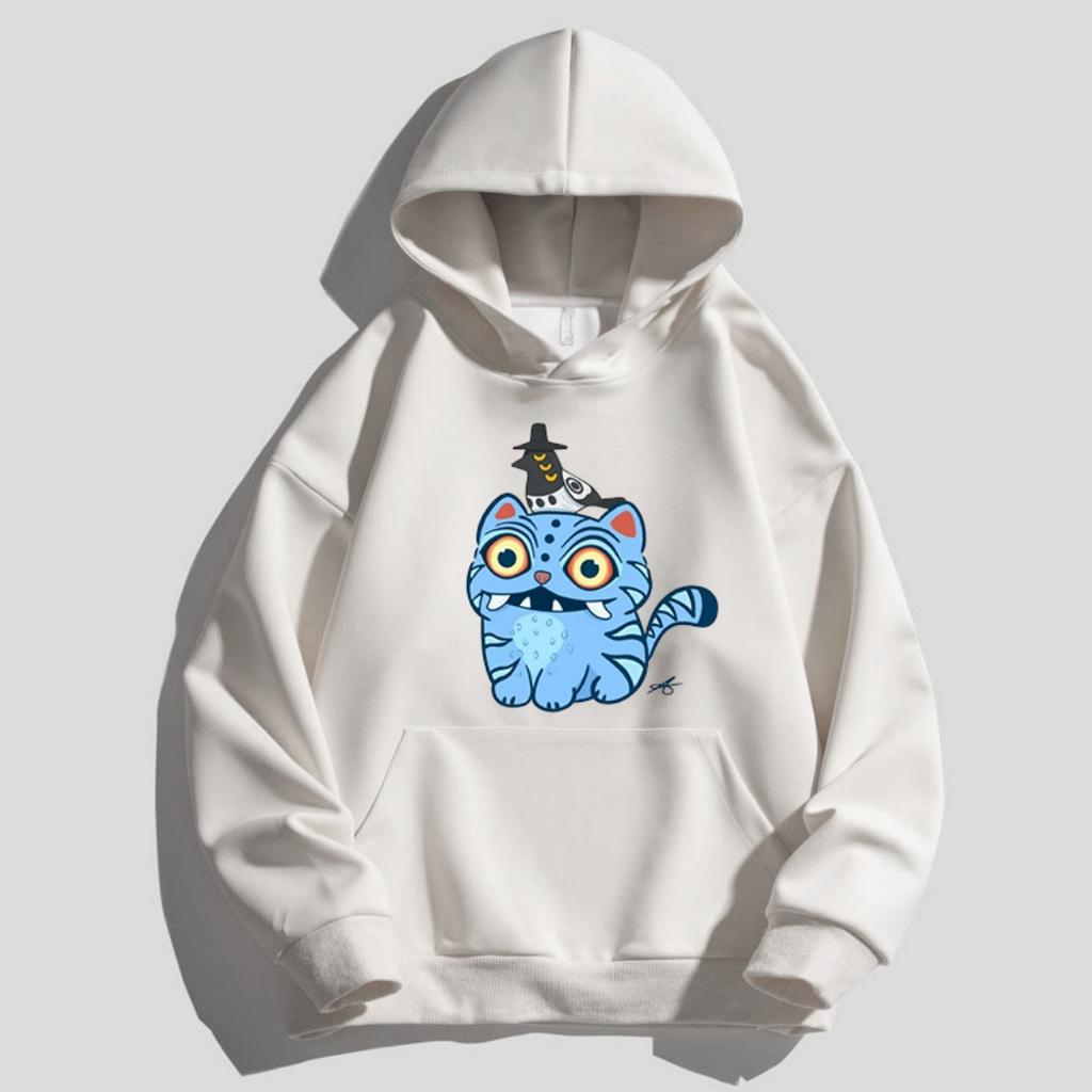 Children's Kpop Style Hooded Sweatshirt with Cute Tiger and Crow Cartoon Girl Hoodies on Top