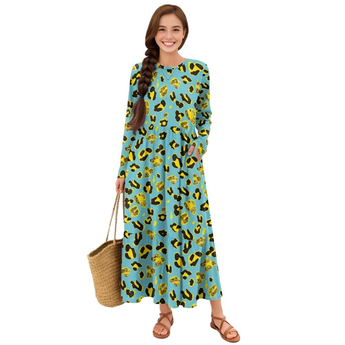Women s Long Sleeve Patchwork Dress Casual Comfortable Midi Daily Dress S