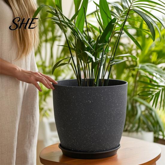 Durable Resin Planters for Garden Modern Plant Pot with Saucer, Gray Flower Functional Living Room Drainage Holes, Stone-Look Planter Indoor