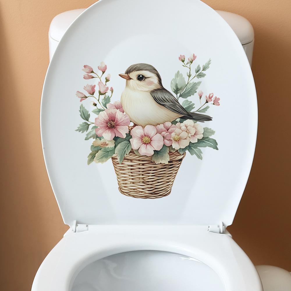 Cartoon Green Leaf Flower Basket Little Bird Bathroom Toilet and Home Beautification Stickers