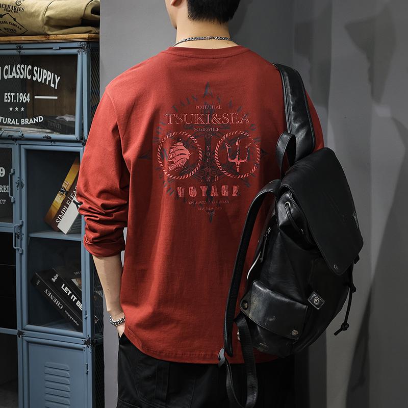 

Футболка с длинными рукавами в стиле ретро в американском стиле, мужская, из плотного чистого хлопка, модный брендовый свободный свитер большого размера L бордовый