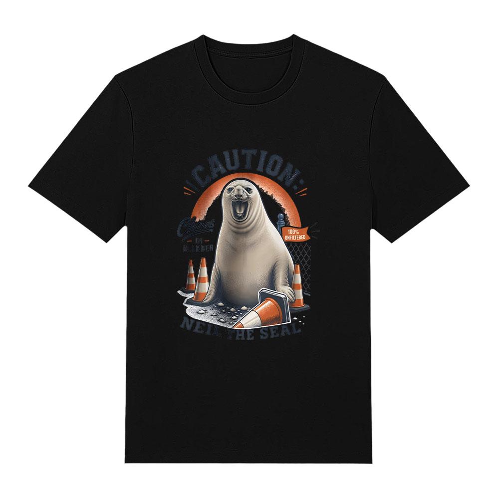 Neil The Seal Tee Caution! Neil The Seal Funny Neil The Seal Shirt Summer New Cotton Clothing Unisex Y2K T Shirts XS чёрный